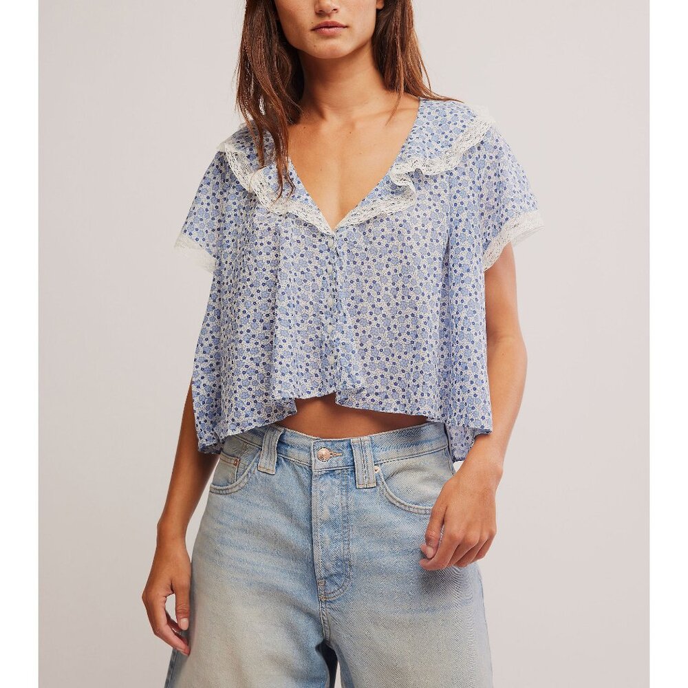 Free People Blue Floral Blouse Sz XS